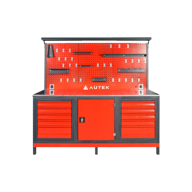Autek Çalışma Tezgâhı 10 Çekmeceli 1 Dolaplı 1.85m Kırmızı