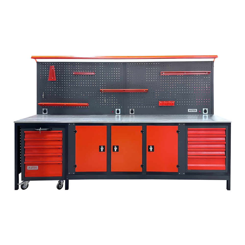 Autek Çalışma Tezgâhı 1 Arabalı 5 Çekmeceli 3 Dolaplı 3m Kırmızı